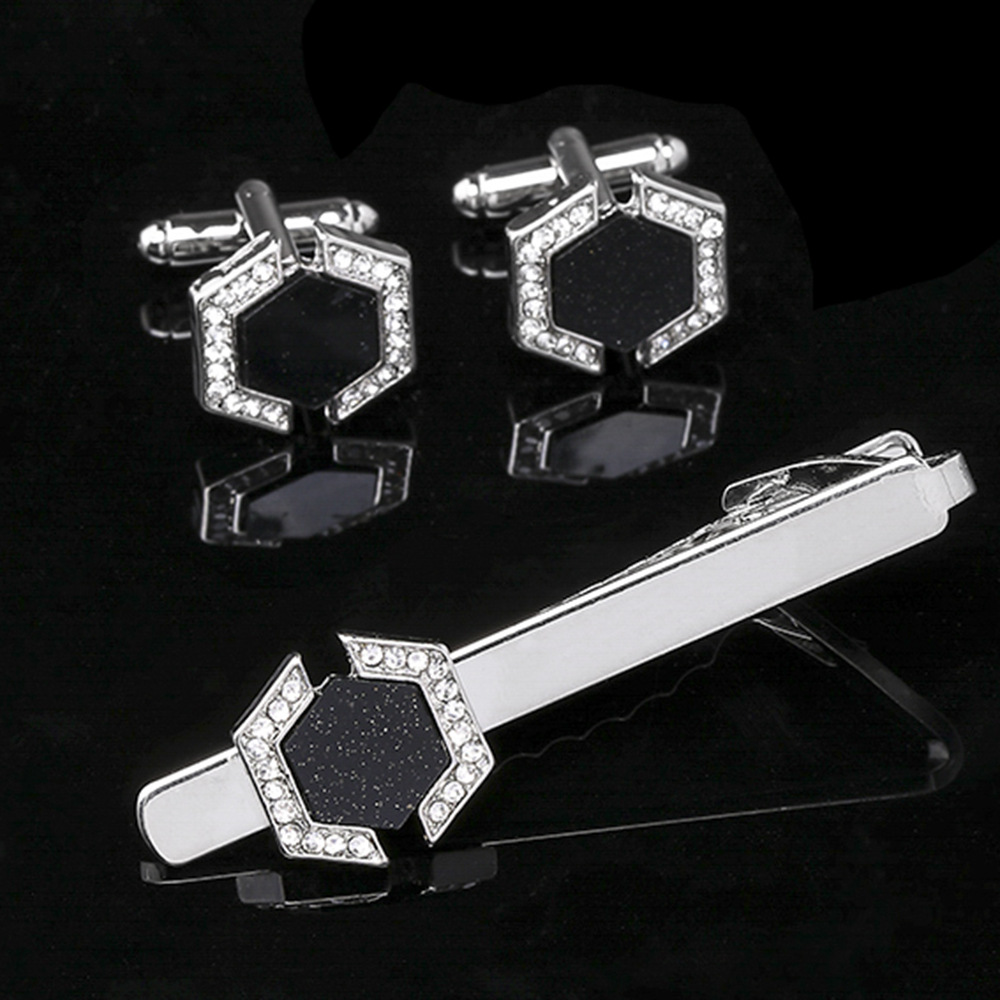 Men Formal Wear With Tie - 1 Stück Sternenhimmel Geometrische Sechseck-Manschettenknöpfe Business-Krawattenklammer
