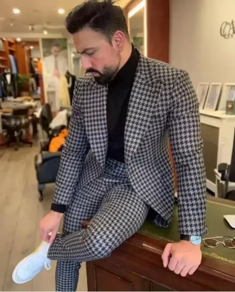 Formal Wear For Men In Wedding - Hahnentritt-Vintage-Herrenanzug mit spitzem Revers, 2-teiliges Blazer-