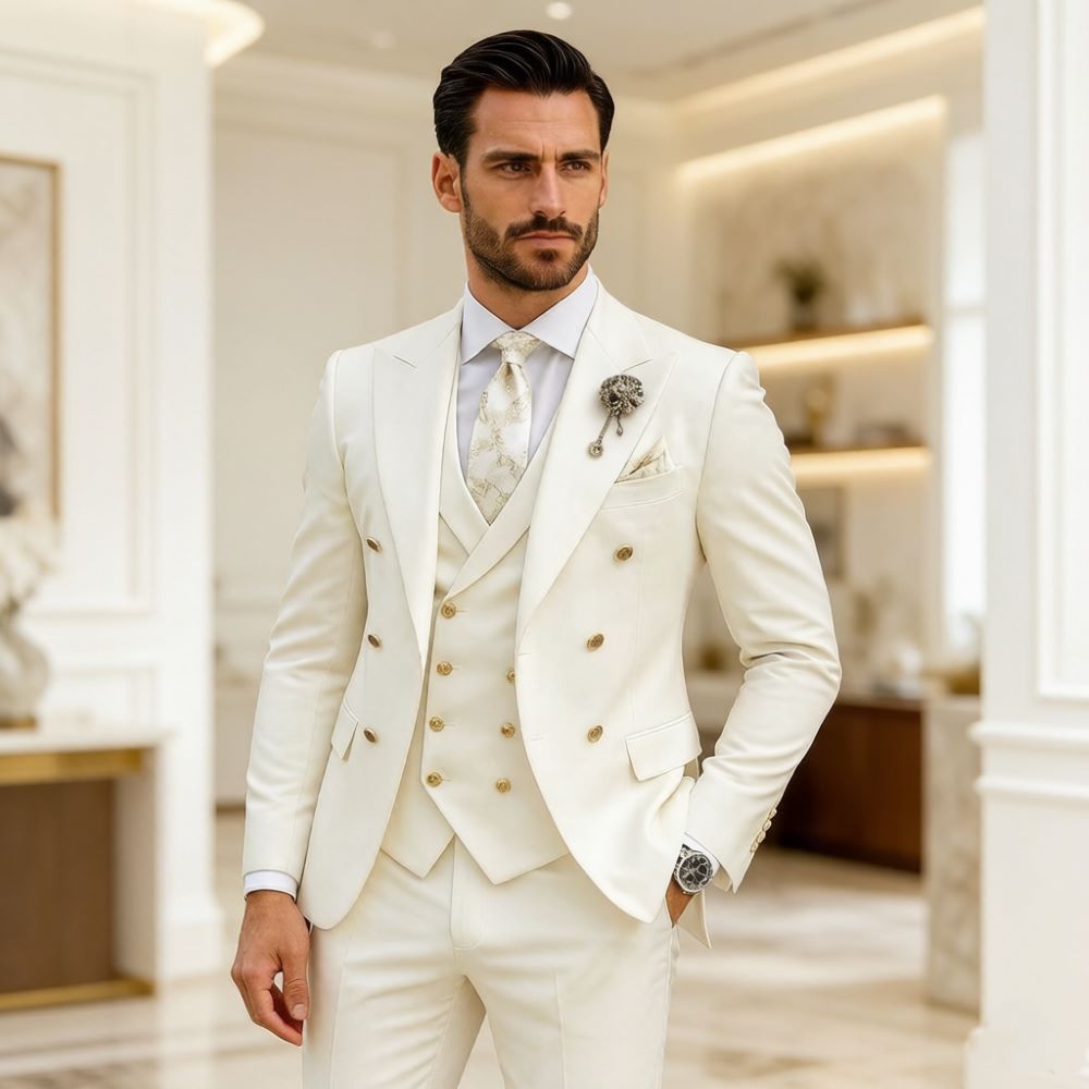 Formal Wear For Men In Wedding - Herren Elfenbein Hochzeitsanzug Slim Fit 3-teilig