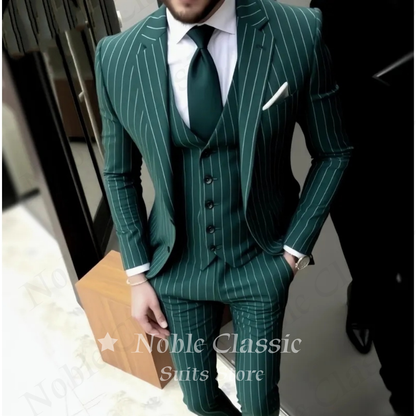 Men Formal Wear Wedding Guest - Herrenanzug Grün Gestreift Slim Fit 3-Teiliges