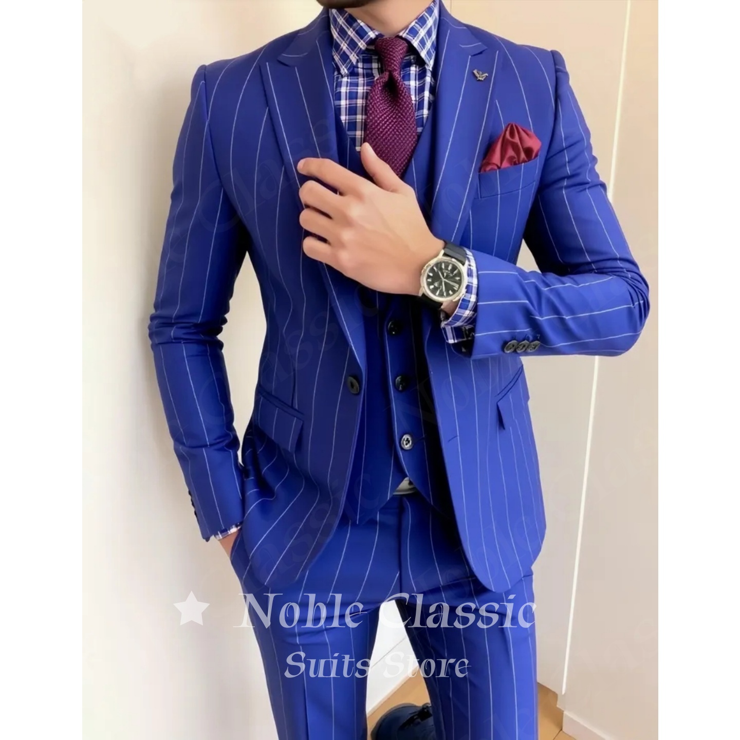Men Formal Wear Wedding Guest - Herren Blauer Nadelstreifen 3-Teiliger Anzug Slim