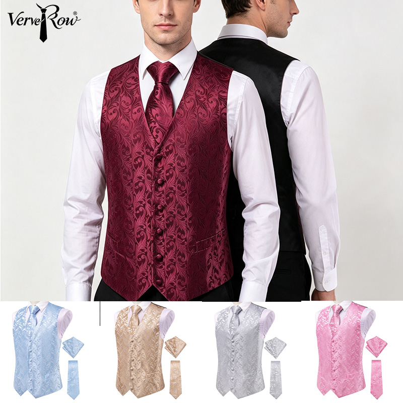 Men Formal Wear With Tie - VerveRow Herren Burgunderrotes Blumen-Jacquard-Anzugweste 3-teiliges Set
