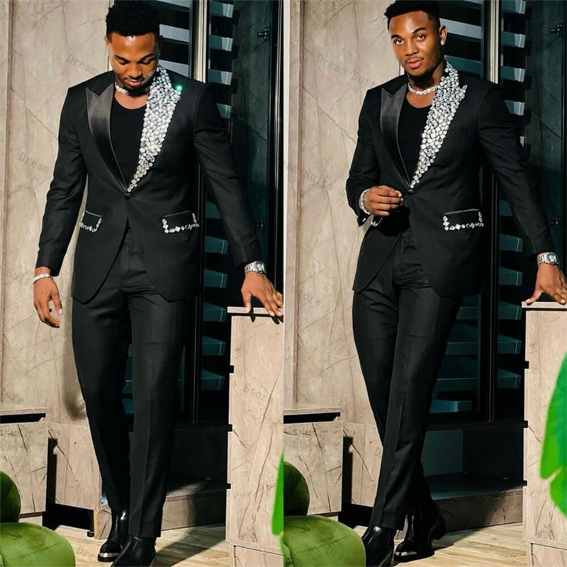Men Formal Wear Wedding Guest - Kristalle, formelles Herrenanzug-Set, 2-teilig, schwarzer Blazer