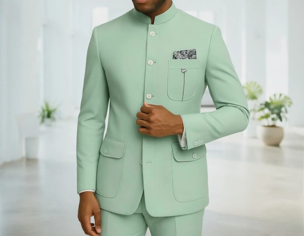 Formal Wear For Men In Wedding - Safari Herrenanzüge Premium Hellgrüner Stehkragen Safari-Anzug