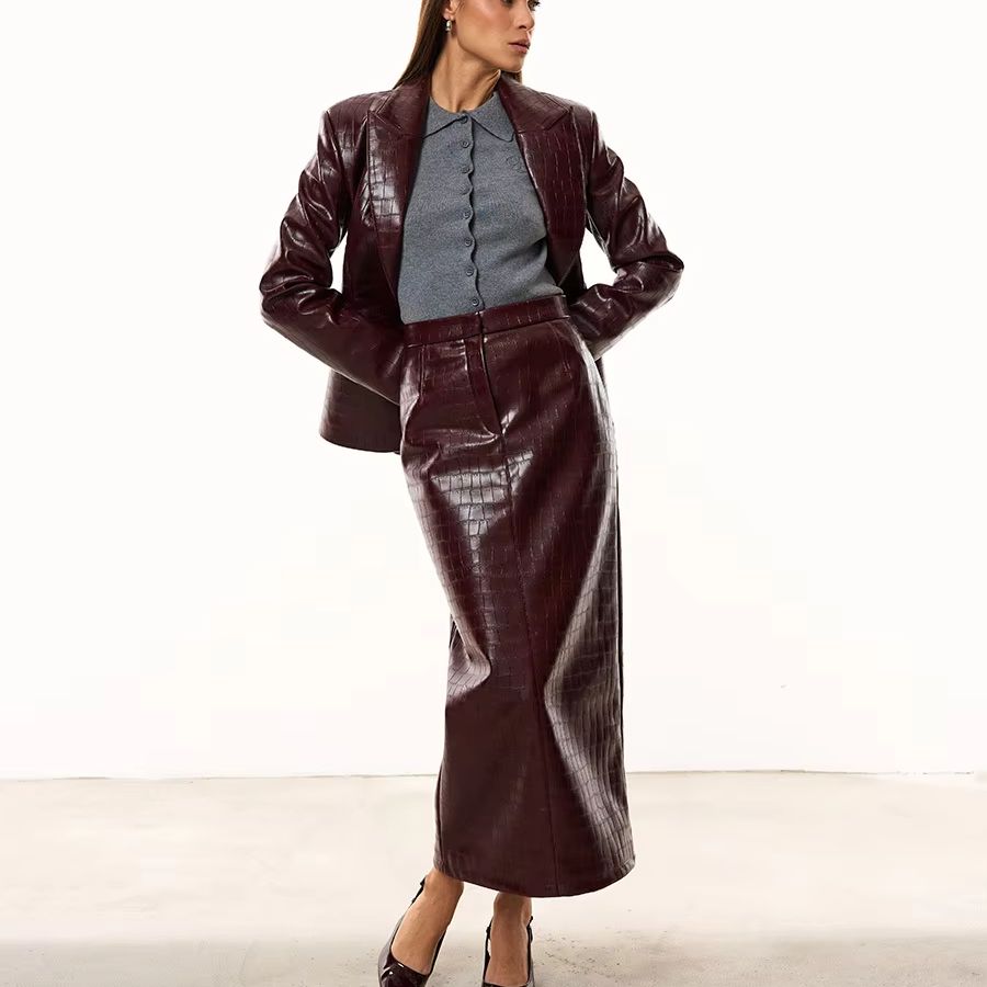 Double Breasted Blazer - IG Damen Burgunderrotes Kroko-Kunstleder 2-Teiliges Anzug-Set