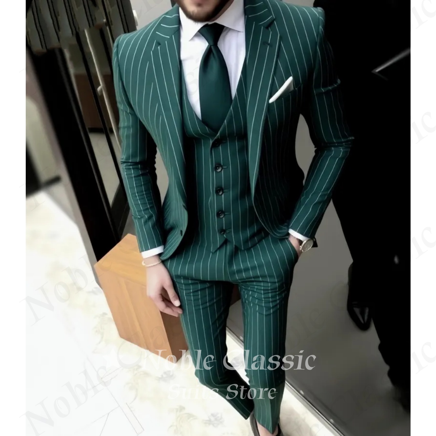 Herrenanzug Grün Gestreift Sli – Men Formal Wear Wedding Guest Bewertung und Preis