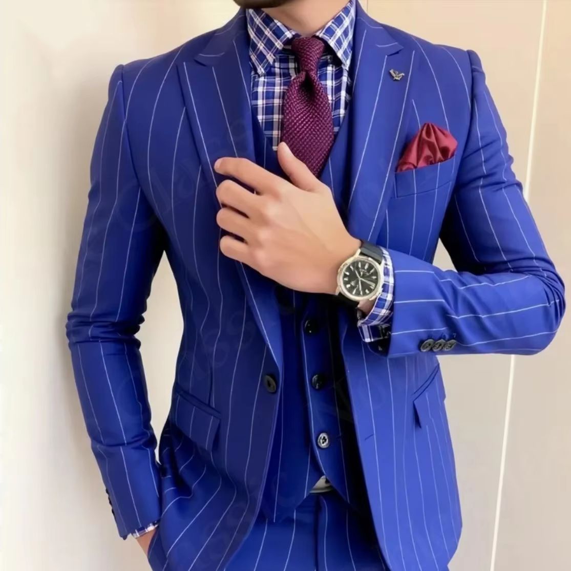Herren Blauer Nadelstreifen 3- – Men Formal Wear Wedding Guest Bewertung und Preis