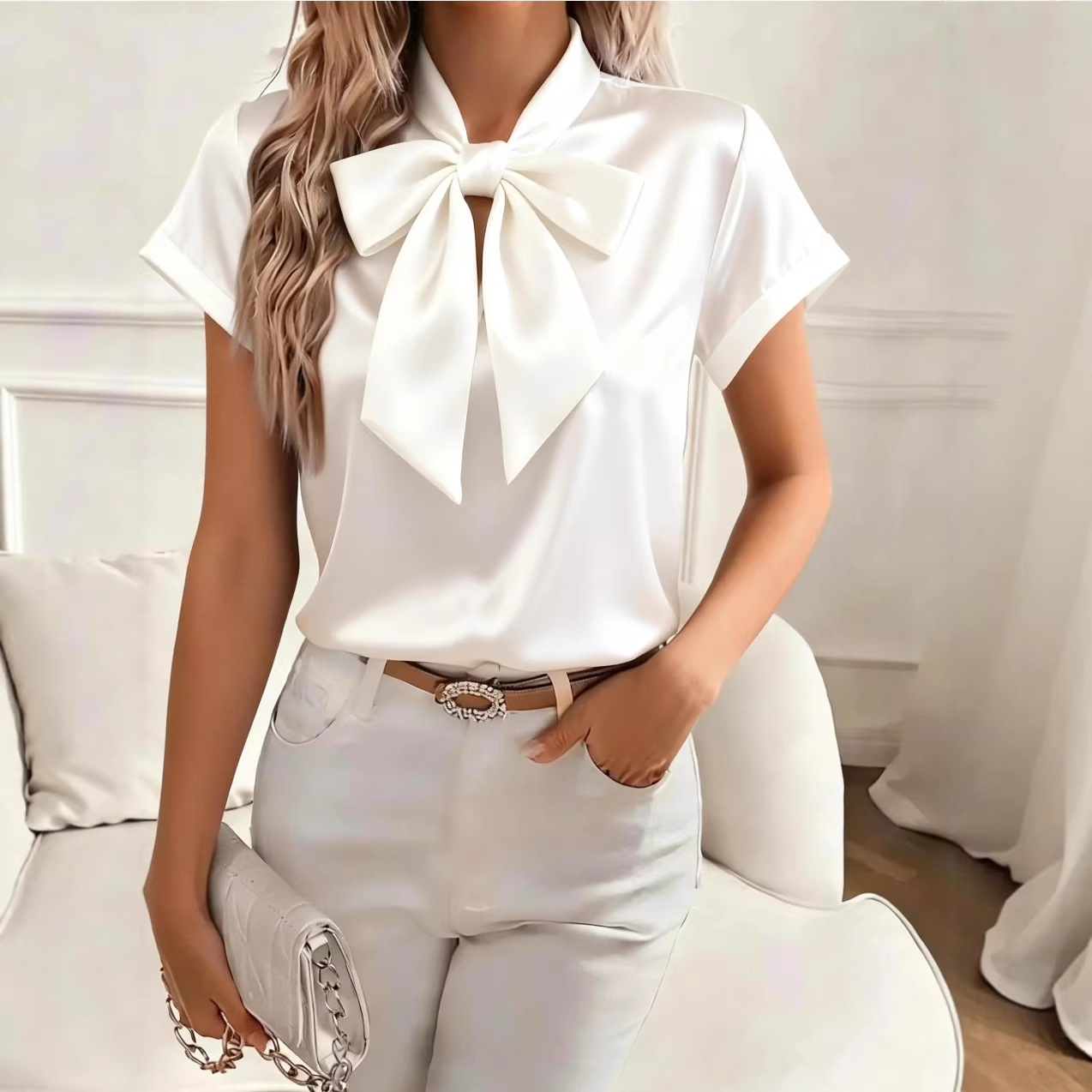 Damen-Bluse aus Satin mit Schl – Satin Bow Tie Bewertung und Preis