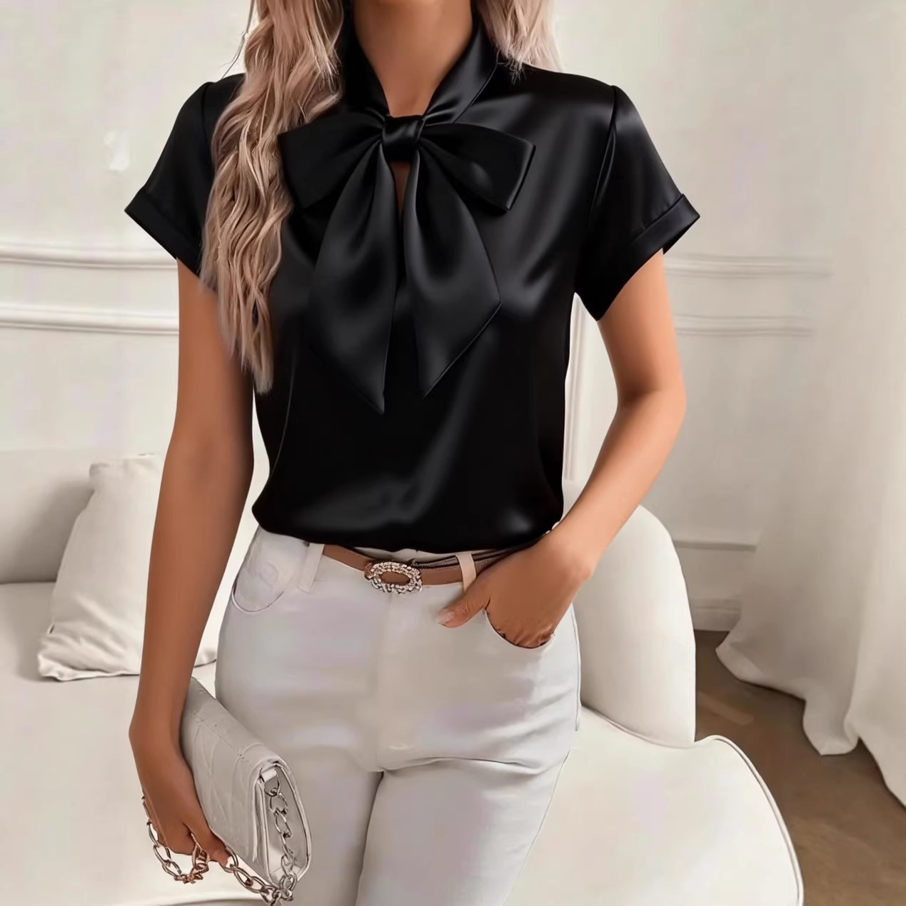 Damen-Bluse aus Satin mit Schl – Satin Bow Tie Bewertung und Preis