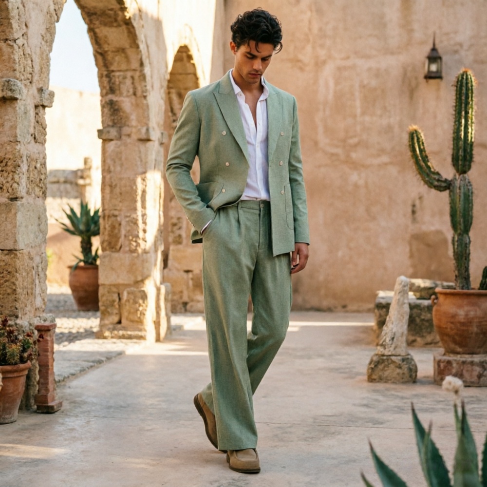 Salbeigrüner Leinen-Herrenanzu – Men Formal Wear Wedding Guest Bewertung und Preis