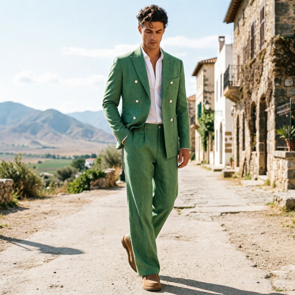 Salbeigrüner Leinen-Herrenanzu – Men Formal Wear Wedding Guest Bewertung und Preis